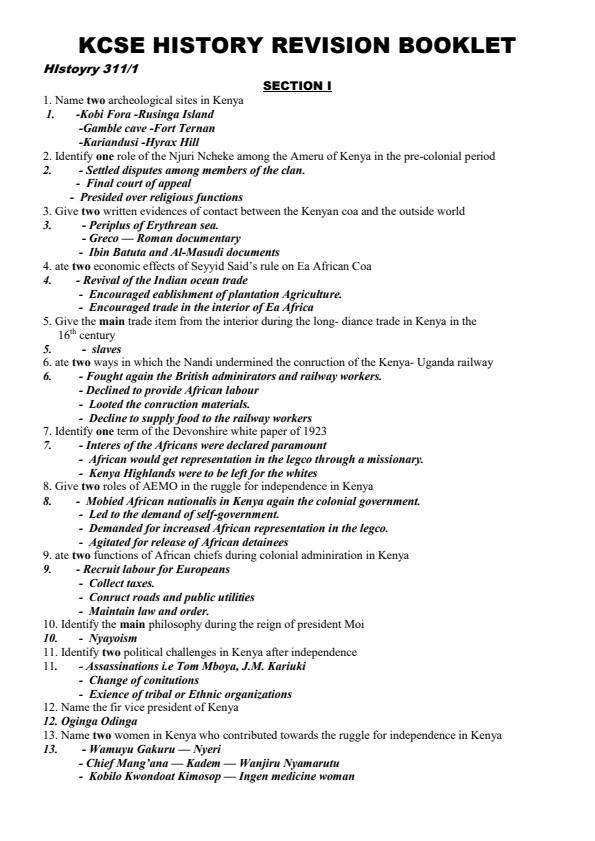 Page 1 – KCSE History Revision Booklet – Kenyaplex