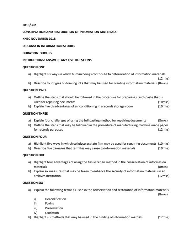Page 1 – Conservation and Restoration of Information Materials CRIM KNEC 2018 Past Paper – Kenyaplex