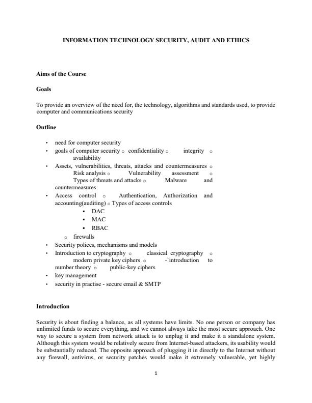 Page 1 – Information Technology Security, Audit and Ethics Notes – Kenyaplex