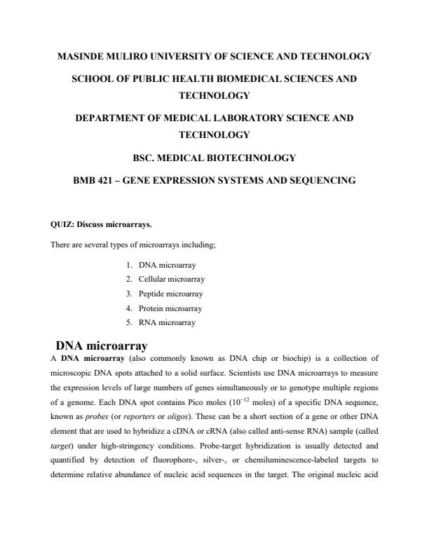Page 1 – BMB 421 – Gene expression systems and sequencing - Microarrays Notes – Kenyaplex