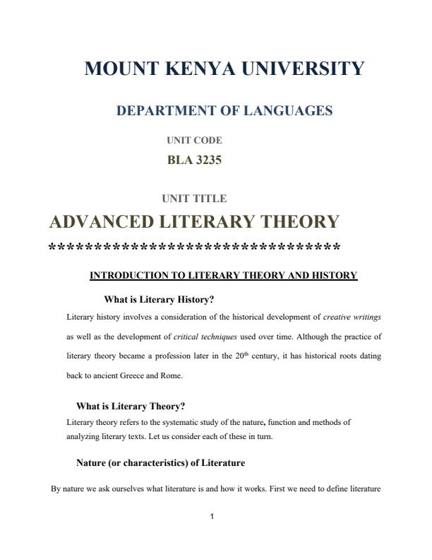 Page 1 – BLA 3235: Advanced Literary Theory Notes – Kenyaplex