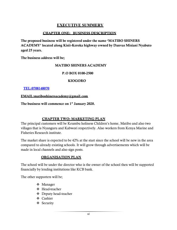 Page 1 – Sample primary school (academy) business plan – Kenyaplex