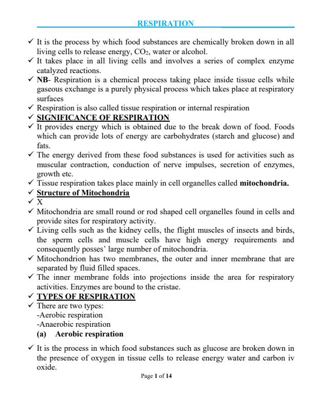 Page 1 – New From 2 Biology:Respiration Notes – Kenyaplex