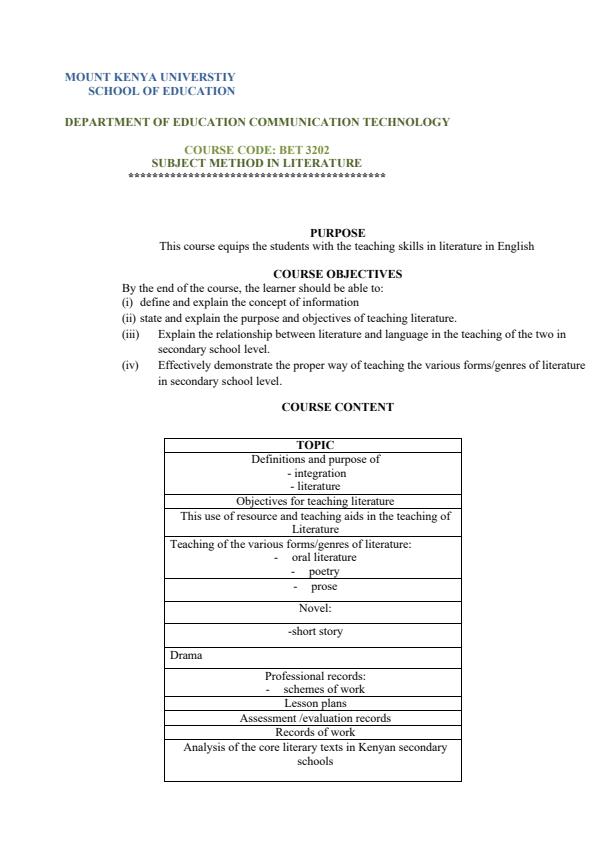 Page 1 –  BET 3202: Subject Methods in Literature Notes – Kenyaplex