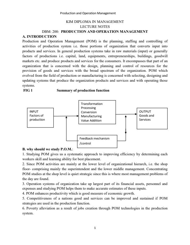 Page 1 – DCB 200: Production and Operational Management Notes – Kenyaplex