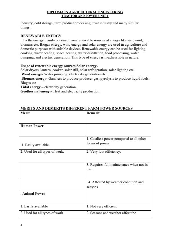 Page 1 – Diploma in Agricultural Engineering: Tractor and Power Unit Notes – Kenyaplex