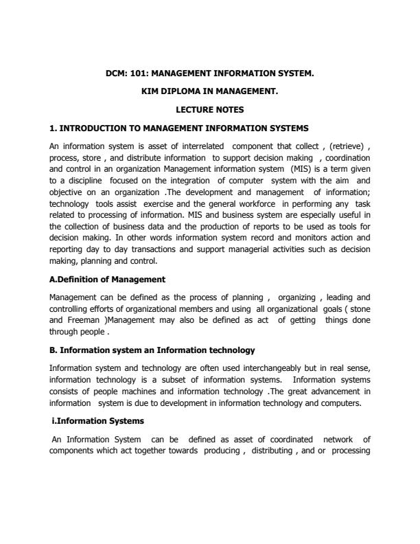 Page 1 – DCM 101: Management Information System Notes – Kenyaplex