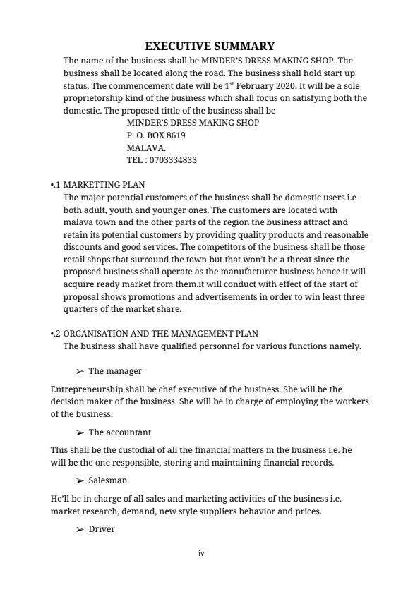 Page 1 – Dressmaking Business Plan – Kenyaplex