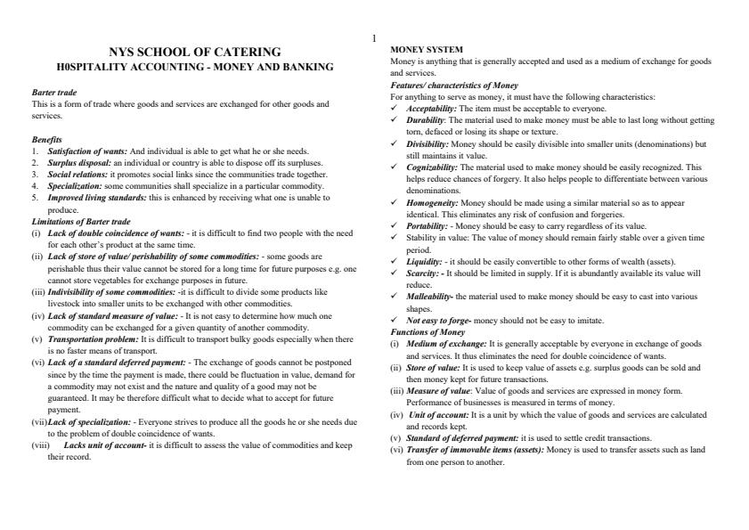 Page 1 – Hospitality Accounting: Money and Banking Notes – Kenyaplex