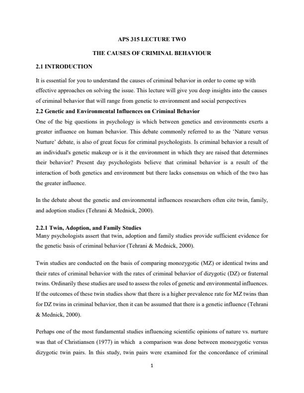 Page 1 – APS 315: Psychology and Crime Notes on Causes of Criminal Behavior – Kenyaplex
