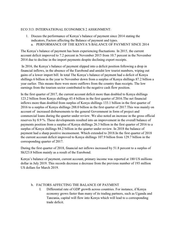 Page 1 – Discuss the performance of Kenya’s balance of payment since 2014 stating the indicators, factors affecting the Balance of payment and types – Kenyaplex