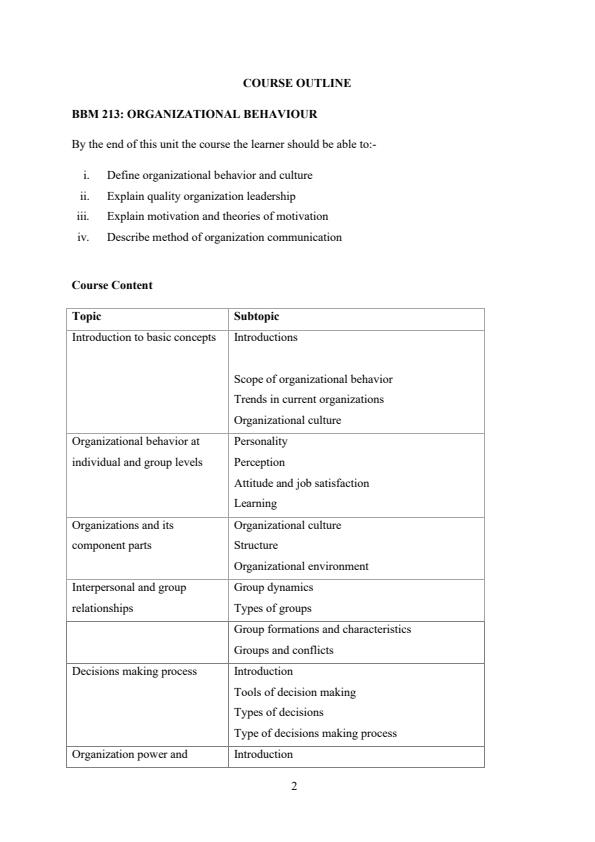 Page 1 – BBM 213 Organizational Behaviour Notes – Kenyaplex