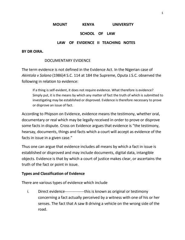 Page 1 – Law of Evidence II Notes – Kenyaplex