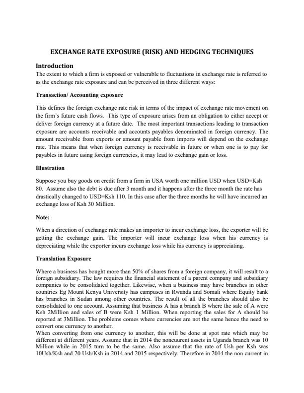 Page 1 – Exchange rate exposure (risk) and hedging techniques notes – Kenyaplex