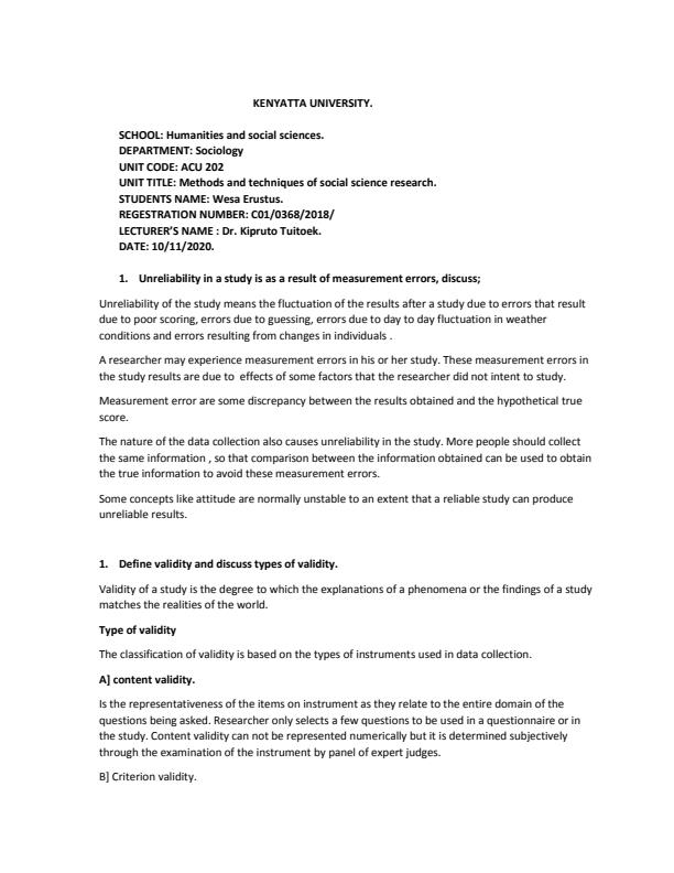 Page 1 – Unreliability in a study is as a result of measurement errors. Discuss..ACU 202 – Kenyaplex