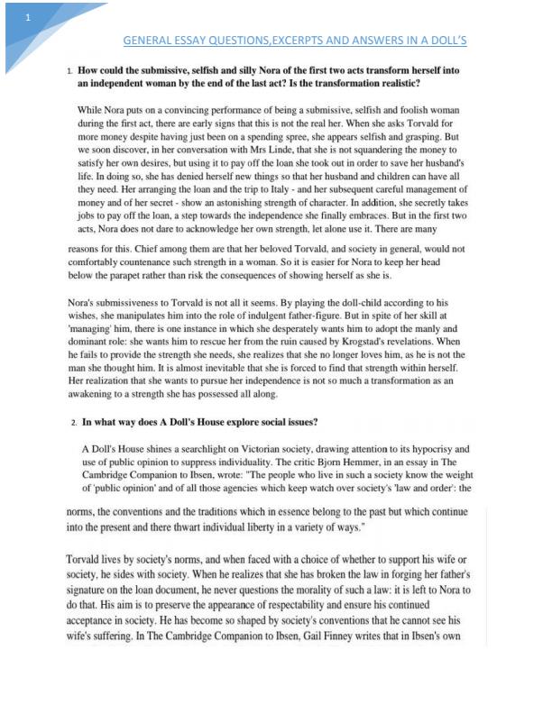 General essay and excerpts questions and answers in A Doll's house 8267