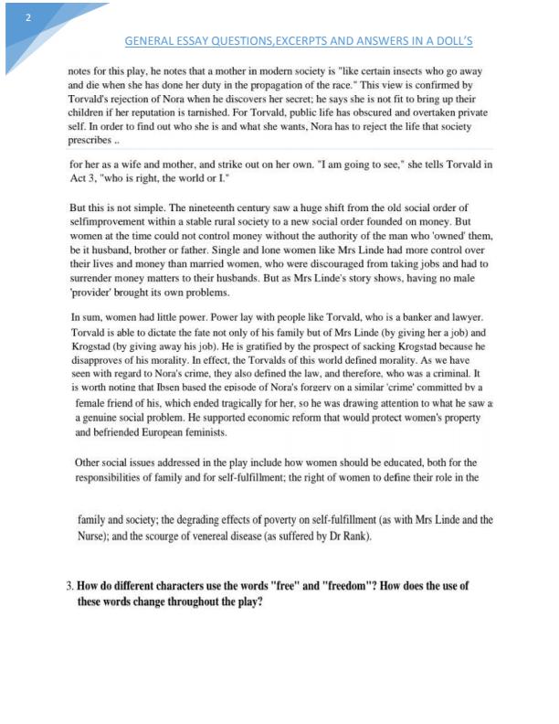 General essay and excerpts questions and answers in A Doll's house 8267