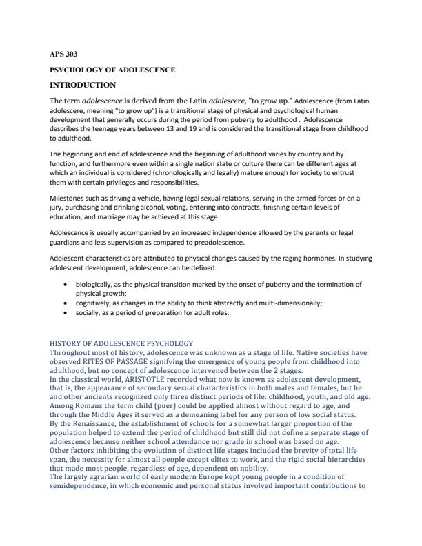 Page 1 – APS 303: Psychology of Adolescence Notes – Kenyaplex