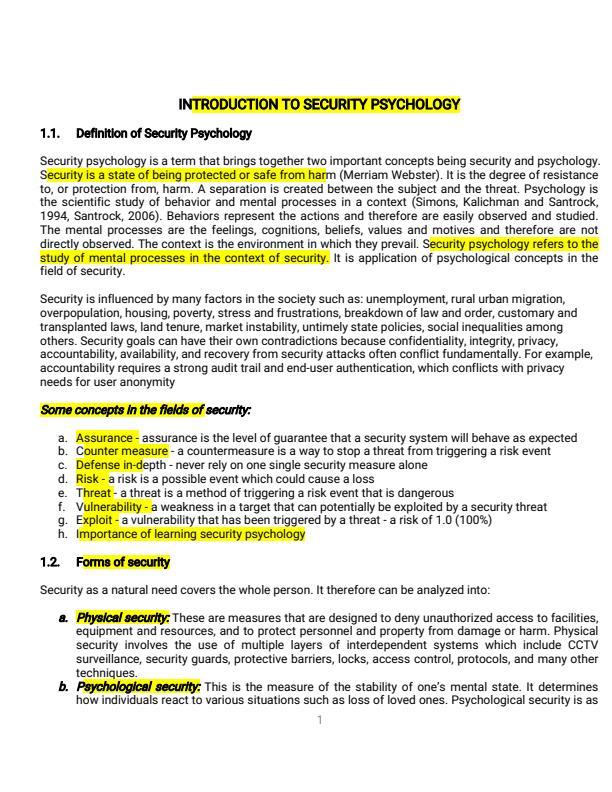 Page 1 – APS 318: Security Psychology and Strategic Studies Notes – Kenyaplex