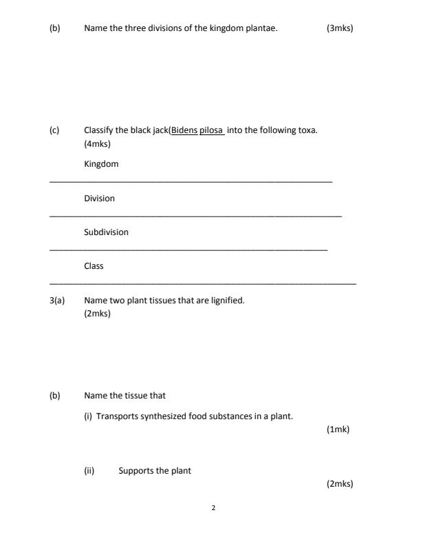Page 2 – Sample Biology Form 3 Paper 1 and 2 Questions and Answers – Kenyaplex