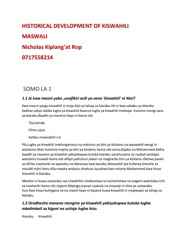 Page 1 – ALK: Historical development of Kiswahili Questions and Answers – Kenyaplex