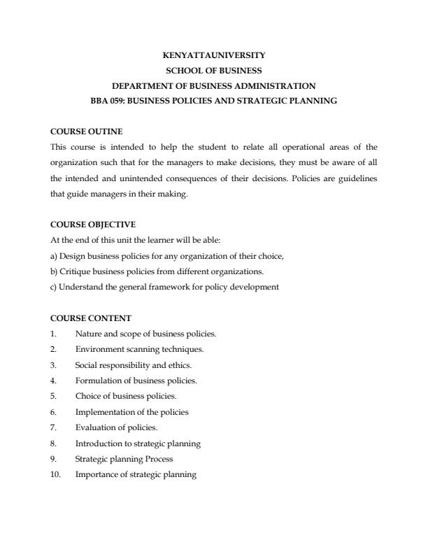Page 1 – BBA 059: Business Policies and Strategic Planning Notes – Kenyaplex