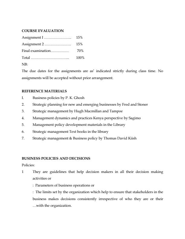 Page 2 – BBA 059: Business Policies and Strategic Planning Notes – Kenyaplex