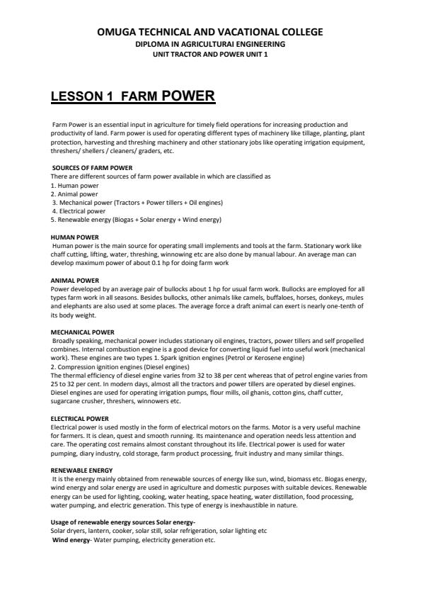 Page 1 – Diploma in Agricultural Engineering: Unit Tractor and Power Unit 1 Notes – Kenyaplex