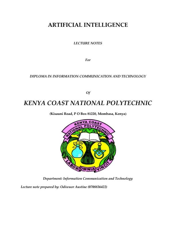Page 1 – Diploma in Information Communication Notes: Artificial Intelligence Notes – Kenyaplex