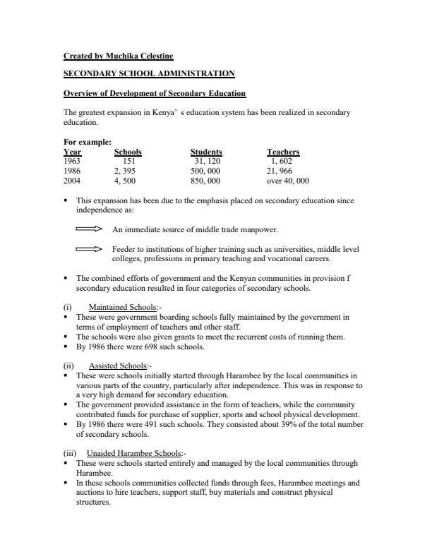 Page 1 – Secondary School Administration Notes: EPM 410:Management and planning in educational institutions – Kenyaplex