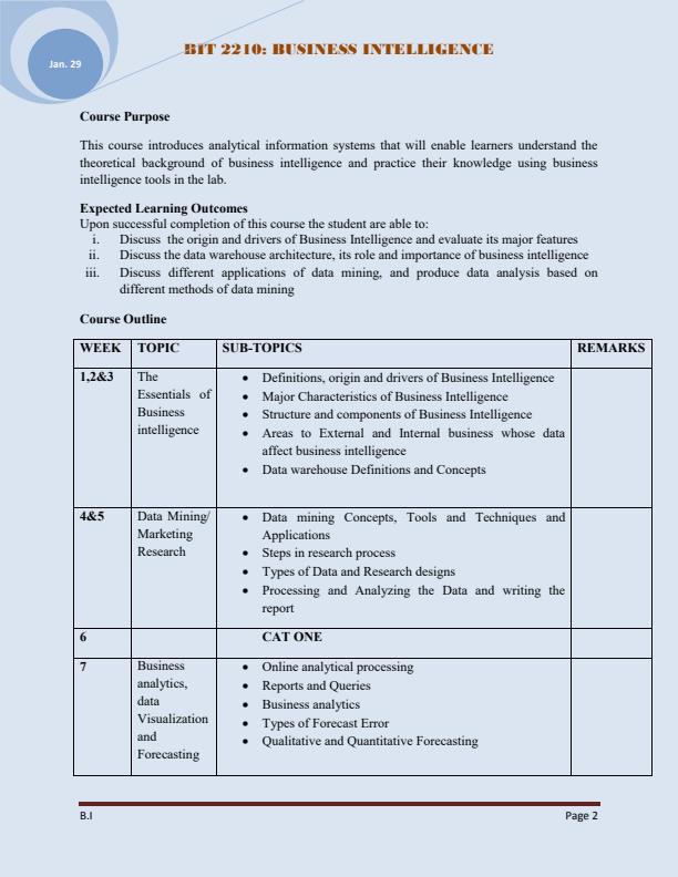 Page 2 – BIT 2210: Business Intelligence Notes 4th Year – Kenyaplex