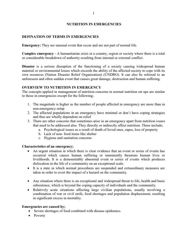 Page 1 – Nutrition in Emergencies Notes For Certificate/Diploma in Nutrition and Dietetics – Kenyaplex