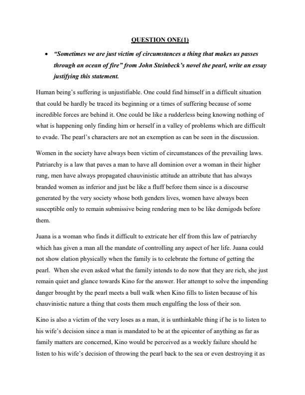 Page 1 – The Pearl Sample Essay Questions and Answers – Kenyaplex