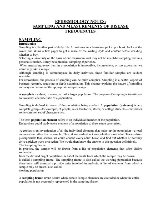 Page 1 – Epidemiology Notes on Sampling and Measurements of Disease Frequencies Notes – Kenyaplex