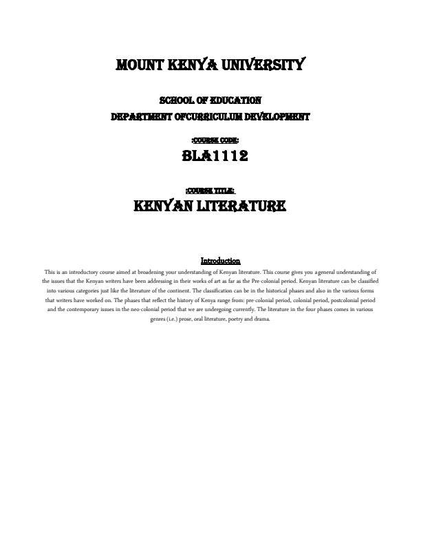 Page 1 – BLA 1112: Kenyan Literature Notes – Kenyaplex