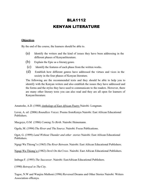 Page 2 – BLA 1112: Kenyan Literature Notes – Kenyaplex
