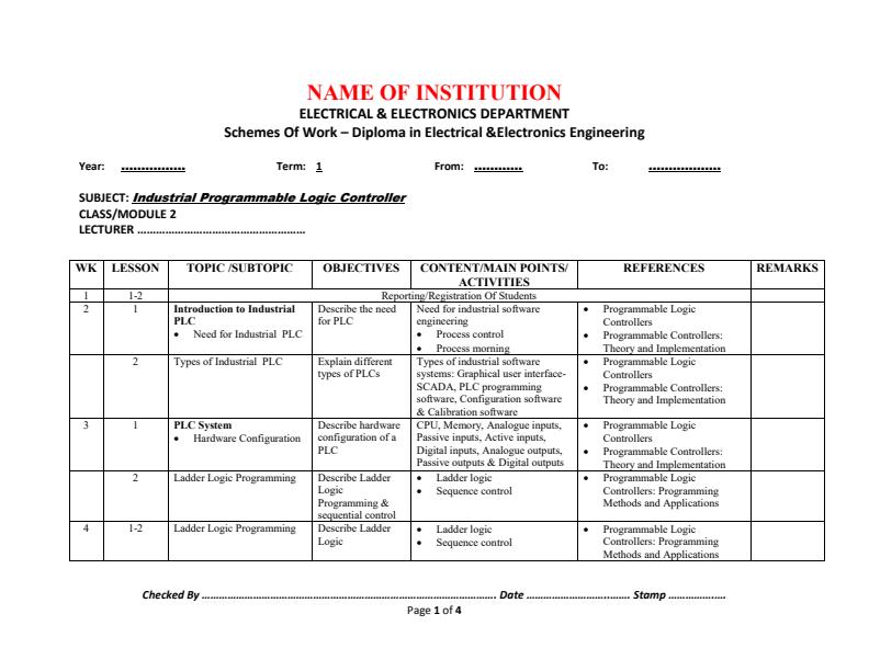 Page 1 – Industrial Programmable Logic Controllers (PLC) Schemes of Work For Diploma in Electrical & Electronics Engineering Module 2 – Kenyaplex