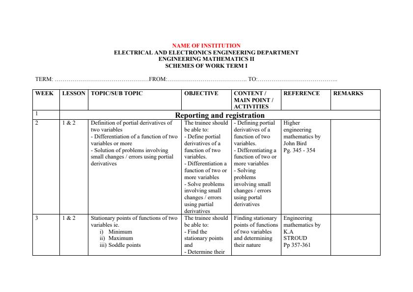 Page 1 – Engineering Mathematics II Schemes of Work For Diploma in Electrical & Electronics Engineering Module 2 – Kenyaplex