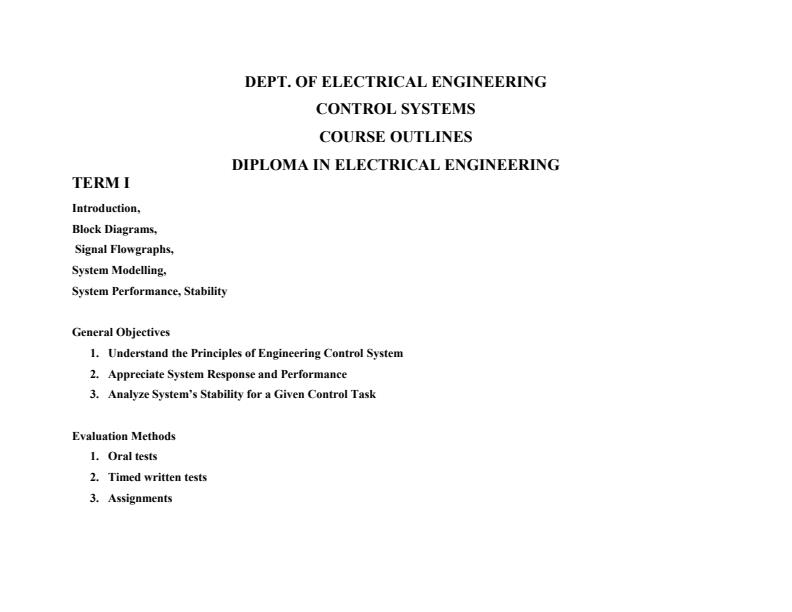 Page 1 – Control Systems Schemes of Work for Diploma in Electrical and Electronics Engineering Module 2 – Kenyaplex