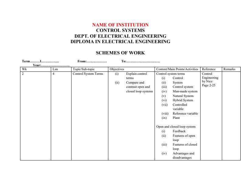 Page 2 – Control Systems Schemes of Work for Diploma in Electrical and Electronics Engineering Module 2 – Kenyaplex
