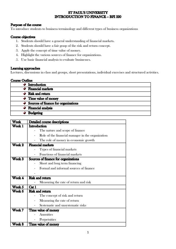 Page 1 – BFI 220: Introduction to Finance Notes and Course Outline – Kenyaplex