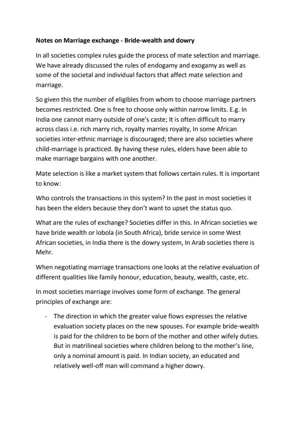 Page 1 – ASC 301: Sociology of Marriage Notes on Marriage Exchange - Bride wealth and dowry – Kenyaplex