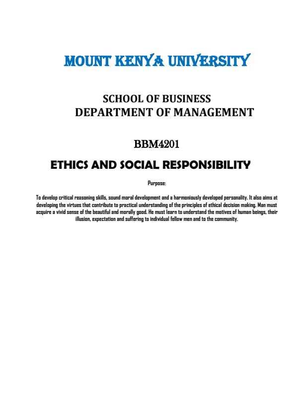 Page 1 – BBM 4201 Ethics and Social Responsibility Notes – Kenyaplex