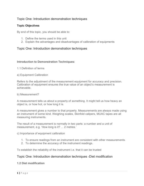 Page 1 – Diploma/Certificate in Nutrition and Dietetics: Demonstrative Techniques Notes – Kenyaplex