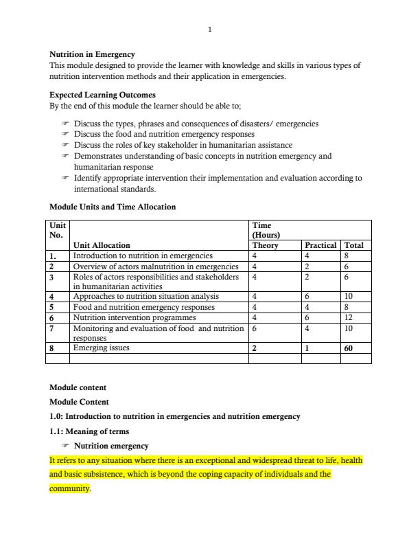 Page 1 – Diploma/Certificate in Nutrition and Dietetics: Nutrition in Emergency Notes – Kenyaplex