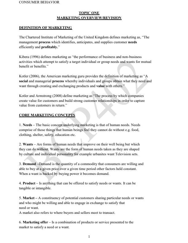 Page 1 – BCP 402: Consumer Behavior Notes 4th Year – Kenyaplex