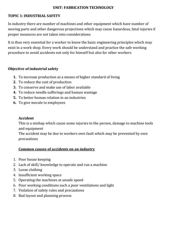 Page 1 – Fabrication Technology: Industrial Safety Notes  – Kenyaplex