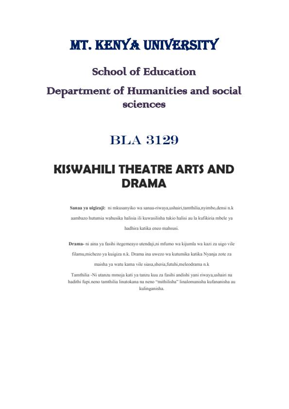 Page 1 – BLA 3129 Kiswahili Theatre Arts and Drama Notes – Kenyaplex
