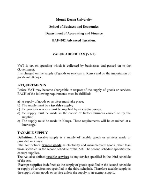 Page 1 – BAF 4202 Advanced Taxation - Value Added Tax Notes for 4th year – Kenyaplex