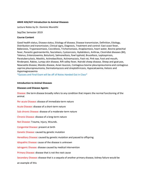 Page 1 – ANHE 426/427 Introduction to Animal Diseases Notes – Kenyaplex